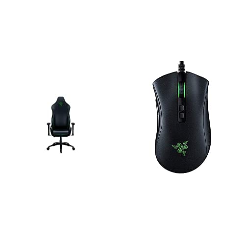 Razer Iskur X (Ergonomischer Gaming Stuhl aus mehrlagigen Kunstleder) + Razer DeathAdder V2 (Kabelgebundene Gaming Maus mit optischen Switches) Schwarz