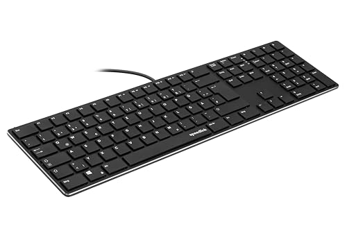 SPEEDLINK Riva Scissor Keyboard – edles Metall Gehäuse, PC Tastatur kabelgebunden, leise USB Tastatur mit flachen Tasten, ergonomische langlebige Scissor-Switches, deutsches QWERTZ Layout, schwarz