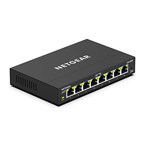 NETGEAR GS308E Managed Switch 8 Port Gigabit Ethernet LAN Switch Plus (Plug-and-Play Netzwerk Switch Managed, IGMP Snooping, QoS, VLAN, lüfterlos, robustes Metallgehäuse) Schwarz