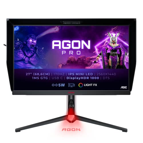 AOC Agon Pro AG274QXM - 27 Zoll QHD Gaming Monitor, 170 Hz, 1 ms, FreeSync Premium Pro, HDR1000 (2560x1440, HDMI, DisplayPort, USB-C, USB Hub) schwarz/rot