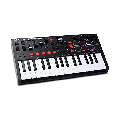 M-Audio Oxygen Pro Mini – 32-Tasten USB MIDI Keyboard Controller mit Beat Pads, MIDI-zuweisbaren Reglern, Tasten & Fadern, Softwarepaket inklusive