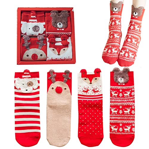 KOIROI 4 Paar Weihnachtssocken, Weihnachten Socken, Socken Damen & Herren Weihnachten, Warme Weihnachten Baumwolle Socken, Bunte Lustige Socken, Weihnachtssocken Deko (A)