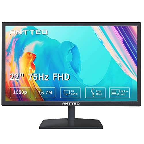 Antteq 22-Zoll-Computermonitor, FHD 1080p 75Hz Desktop-Monitor, Low Blue Light, Augenkomfort, HDMI-VGA-Anschlüsse, LED-PC-Monitor, Schwarz