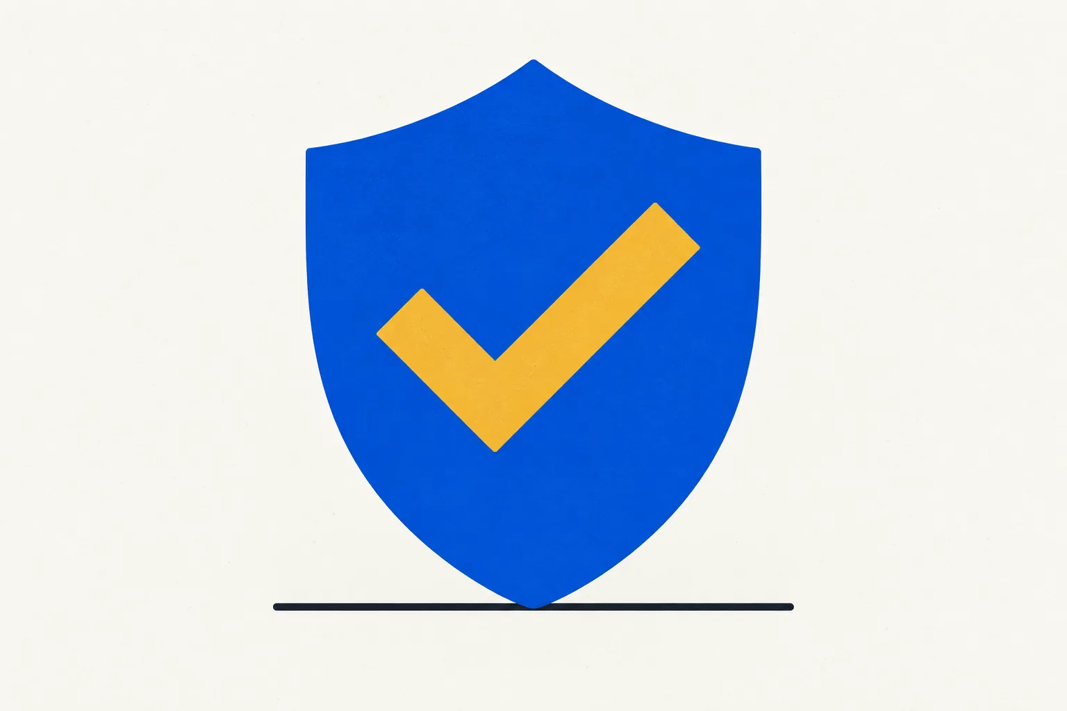 Blaues Schild mit goldenem Haken als Symbol für geprüfte, lizenzierte Anbieter