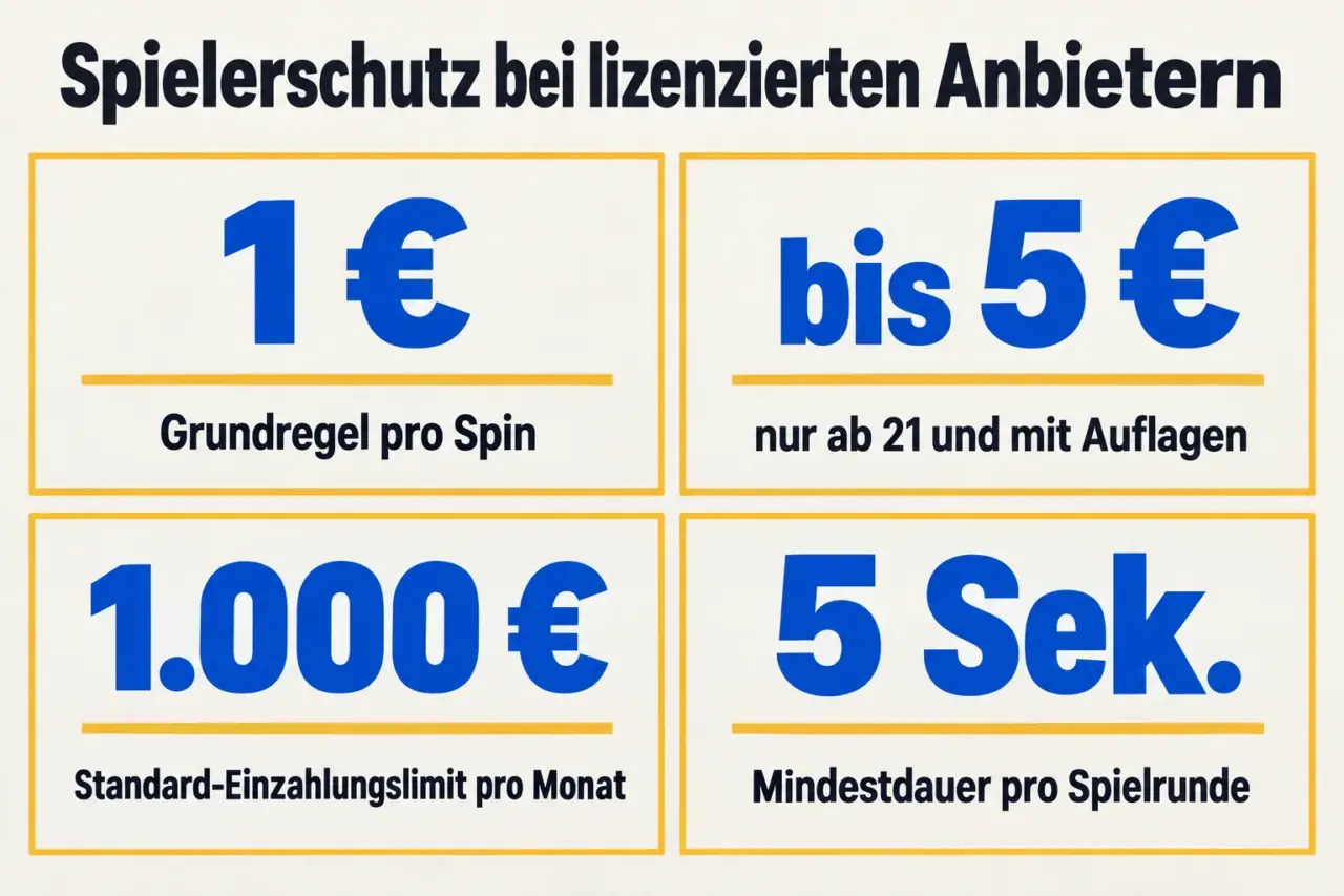 Grafik mit vier Kennzahlen zum Spielerschutz: 1 Euro Grundregel pro Spin, bis 5 Euro nur ab 21 und mit Auflagen, 1.000 Euro Standard-Einzahlungslimit pro Monat, 5 Sekunden Mindestdauer pro Spielrunde