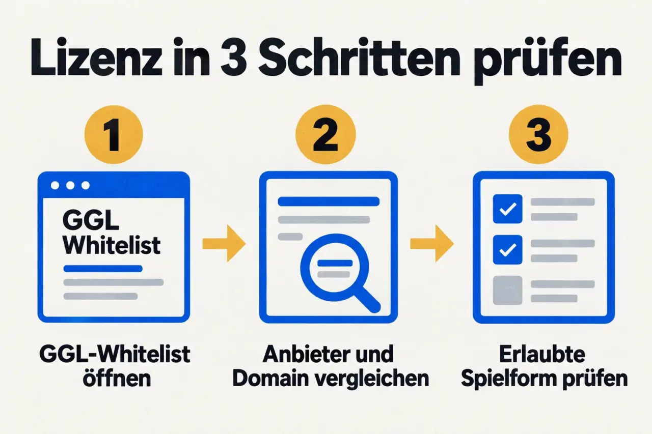 Grafik: Lizenz in drei Schritten prüfen – GGL-Whitelist öffnen, Anbieter und Domain vergleichen, erlaubte Spielform prüfen