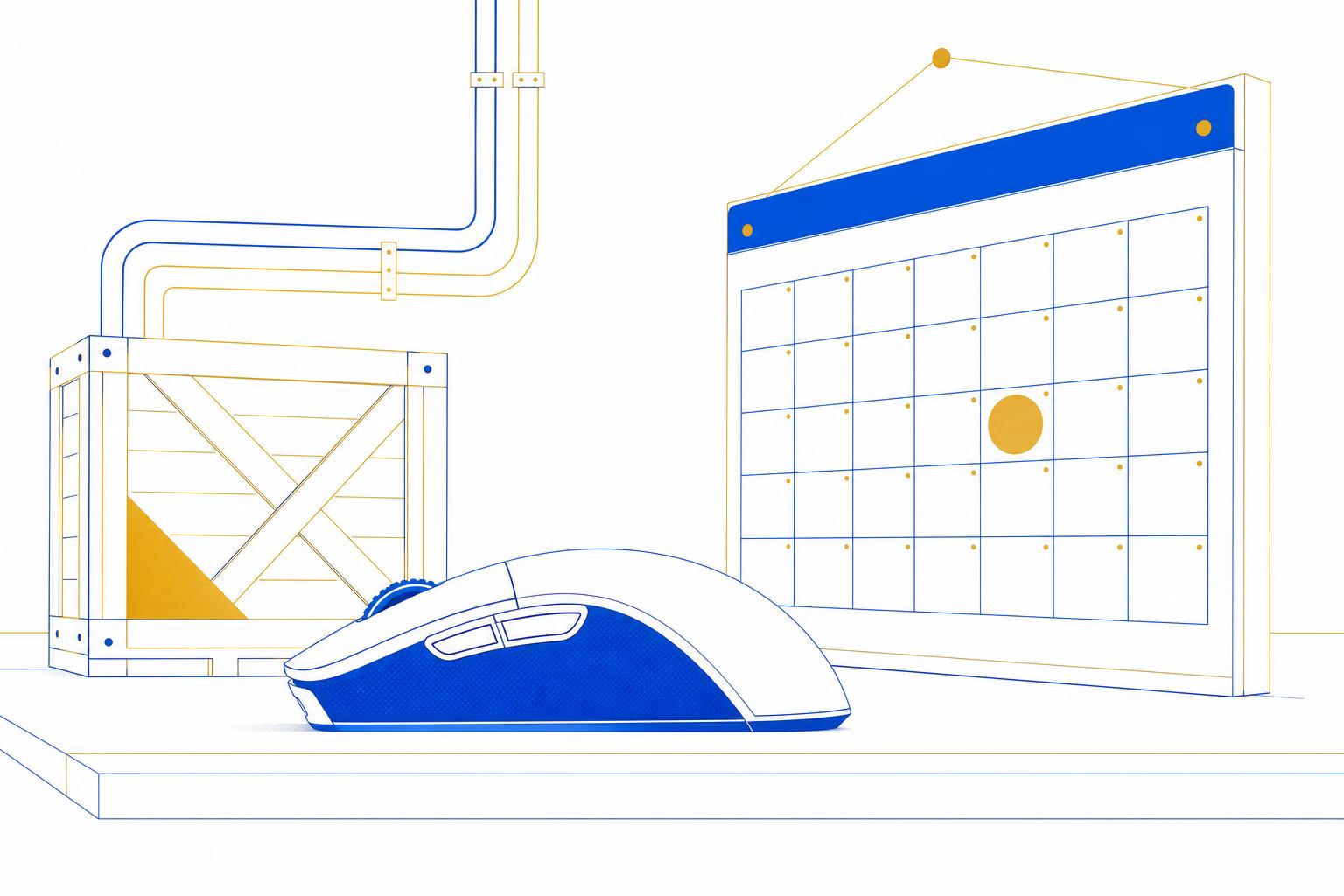 Illustration: kabellose Gaming-Maus auf Schreibtisch neben Kalender mit markiertem Starttermin